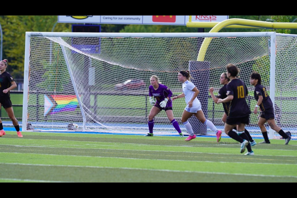 UNBC Timberwolves goaltender Brityn Hinsche of Williams Lake (in purple) has been named the Canada West Women’s Soccer Player of the Week.