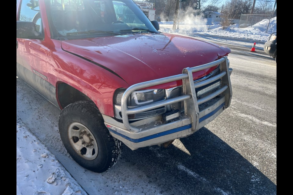 One of the vehicles involved in a collision at the intersection of 17th Avenue and Queensway is seen on Thursday, Feb. 6, 2025 in Prince, BC.