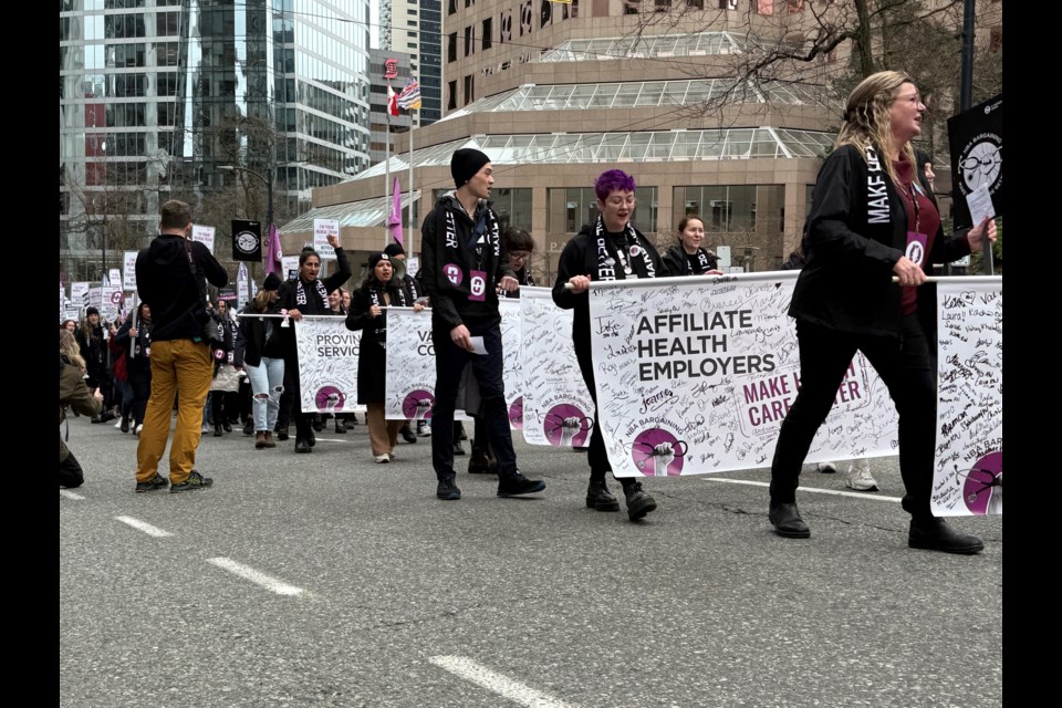 Nurses rally in Vancouver to bring attention to need for better working conditions on Thursday, Feb. 27, 2025.