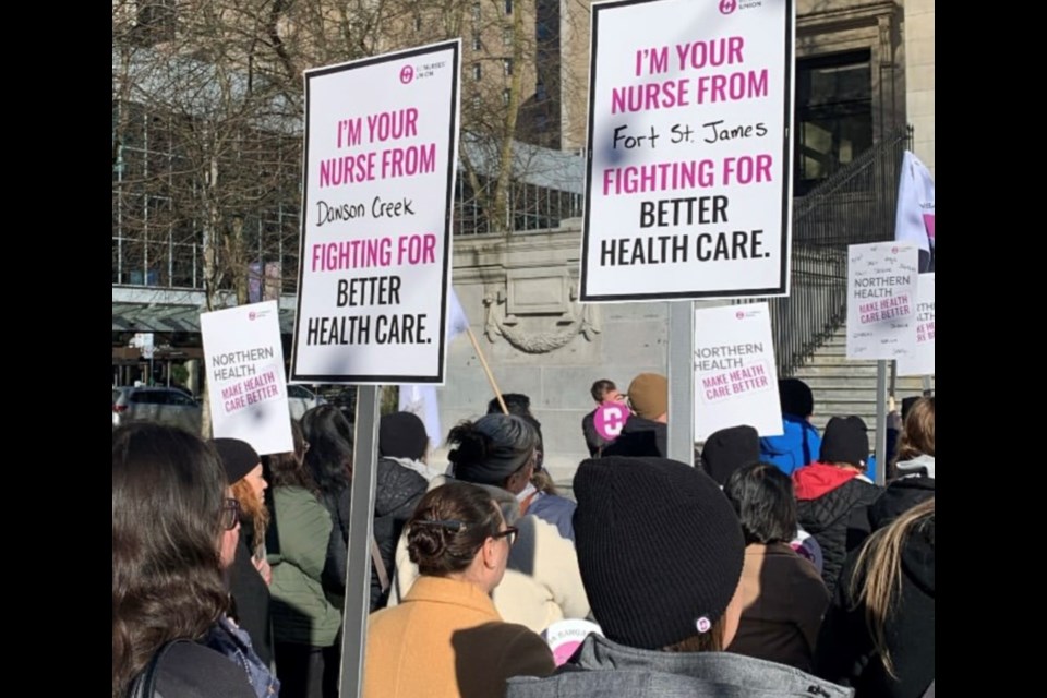 Nurses from the BCNU rally outside the Fairmont Hotel on Friday, Jan. 24, 2025 in downtown Vancouver.