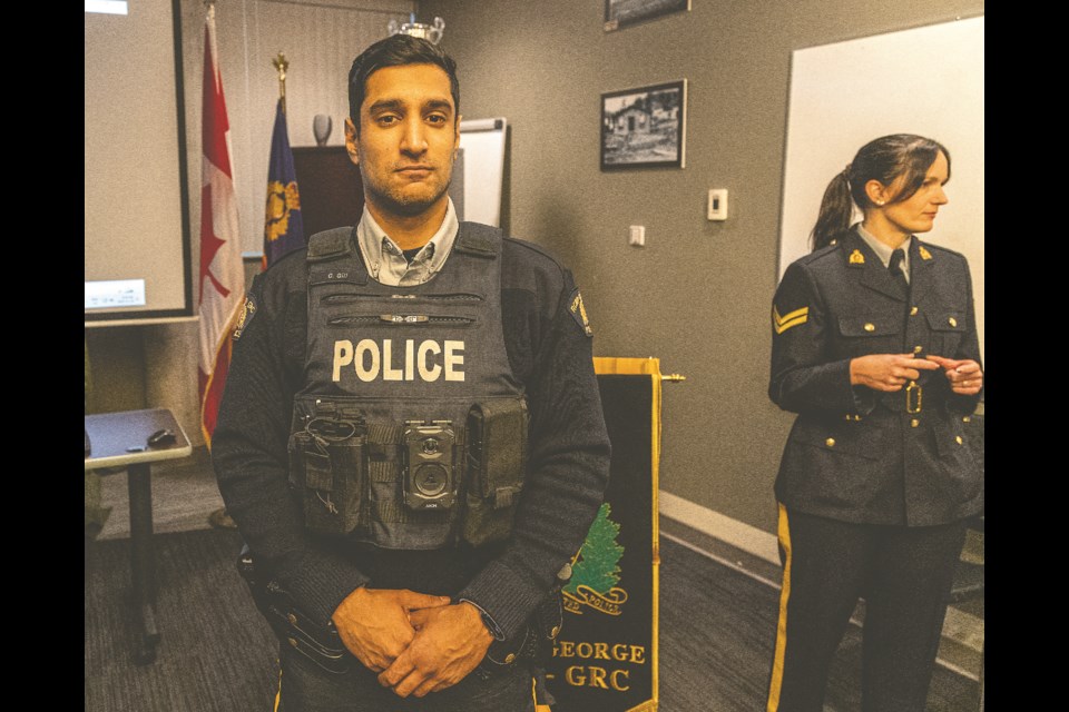 RCMP Cst. Gursimran Gil displays the new body camera to rolled out on Dec. 8 by Prince George RCMP at a media conference held at the downtown detachment Thursday.