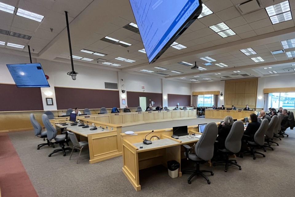 Directors and staff with the Regional District of Fraser-Fort George discuss items during the board's meeting at 155 George St. in Prince George on Thursday, March 21, 2025.