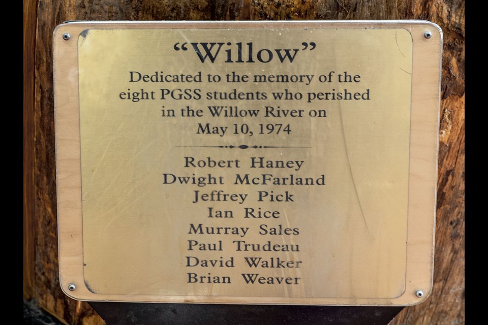 The plaque attached to Willow, the carved bear that stands in the foyer of PGSS in memory of the eight boys that died on the Willow River 50 years ago.
