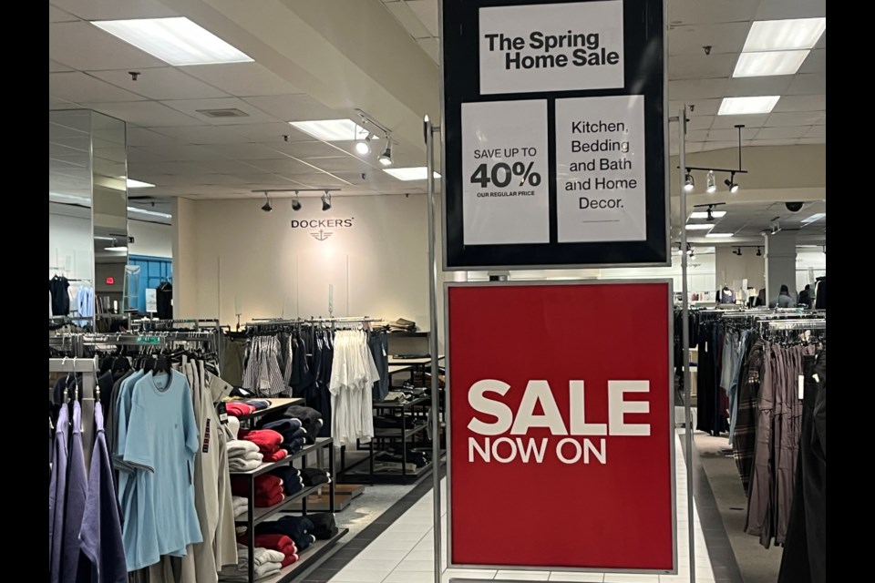 Sale signage is posted ahead of Tuesday's liquidation sale at The Bay on Monday, March 24, 2025 in Prince George, BC.