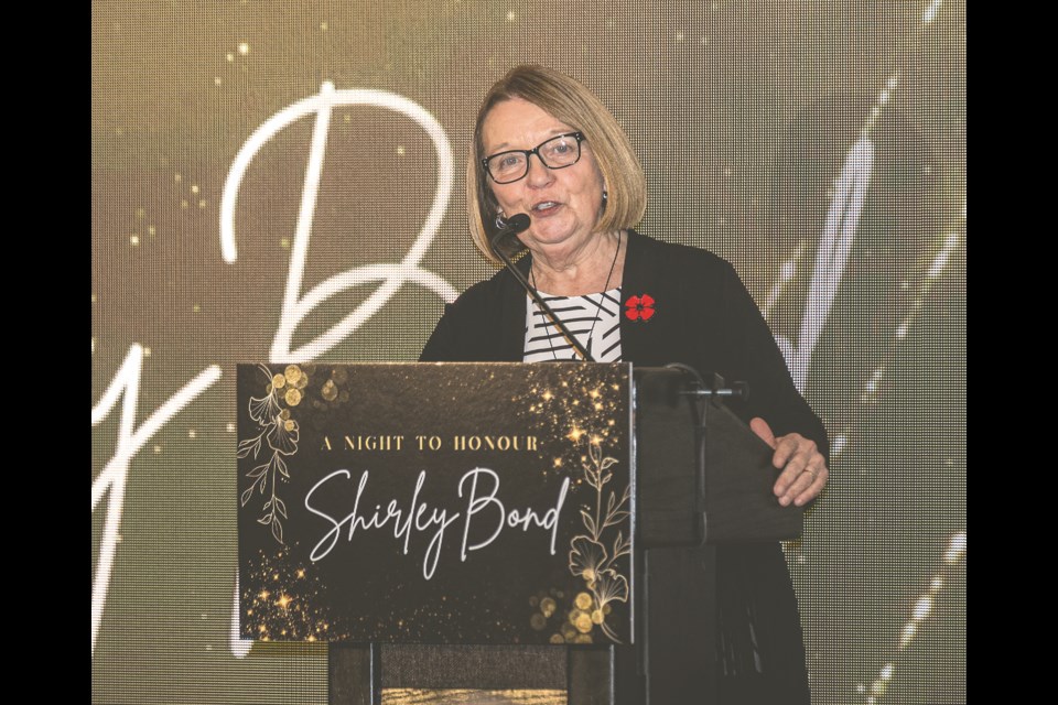 Shirley Bond gives an emotional reply to those gathered to give her thanks for her service to BC at A Night to Honour Shirley Bond, Friday at the Coast Inn.