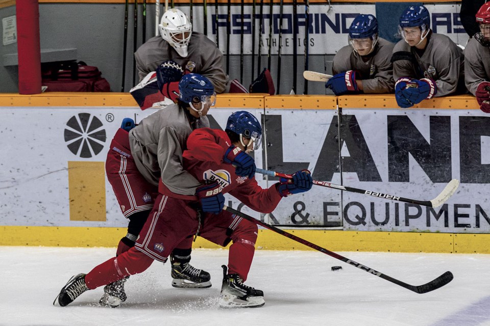 Members of Team Grey watch prospects battle for the puck during an inter-squad game Friday at Kopar Memorial Arena.