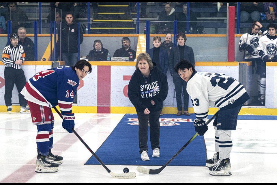 Former Soruce Kings captain Chad Staley's mom, Jennifer Staley, drops the puck Saturday, March 8 at Kopar Memorial Arena for Spruce King Jacob Wingfield and Langley's Tyler Chan to mark five years since her son's death.