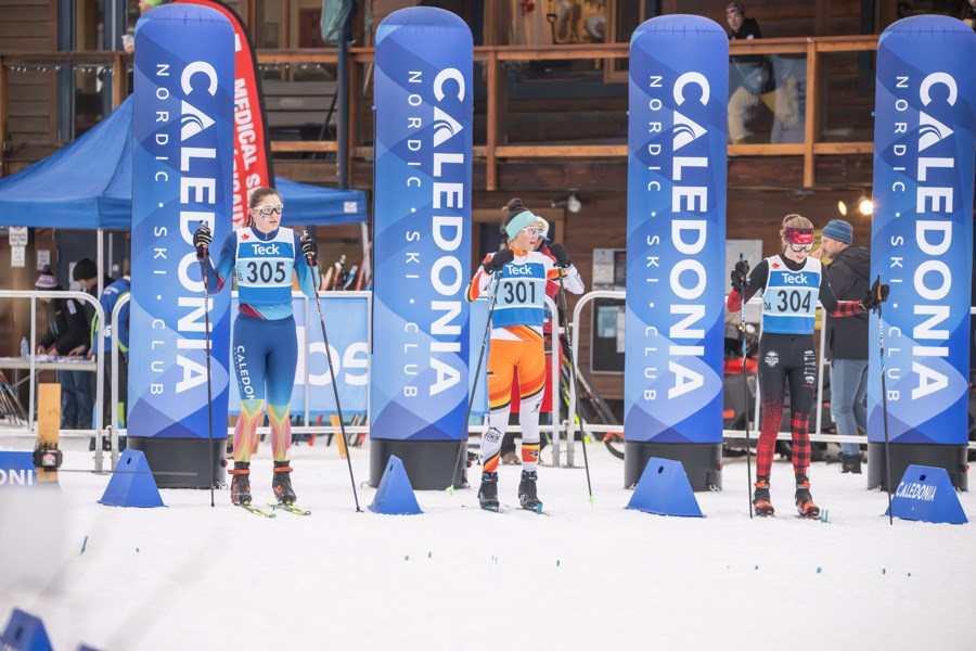 Racers at the starting line in the Teck Cup at the Caledonia Nordic Ski Club, 2025/01/23 in Prince George BC