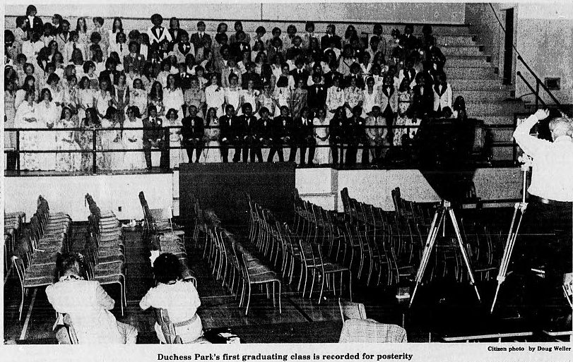June 21, 1976: Duchess Park’s first graduating class is recorded for posterity. Linda Carson was the valedictorian for the school’s first graduating class, urging her classmates to “go forth into the future with optimism, determination and confidence.” Betty Fernandes was the valedictorian at Prince George Senior Secondary School that year.