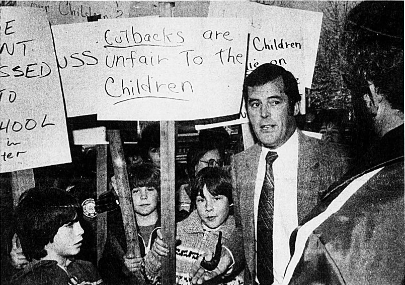 Oct. 25, 1982: Bill Vander Zalm, then the minister of education and later premier, is met by demonstrators as he enters the Prince George School District’s administration building. The group, which included school children, was protesting cutbacks in education spending expected as part of a new education finance formula.