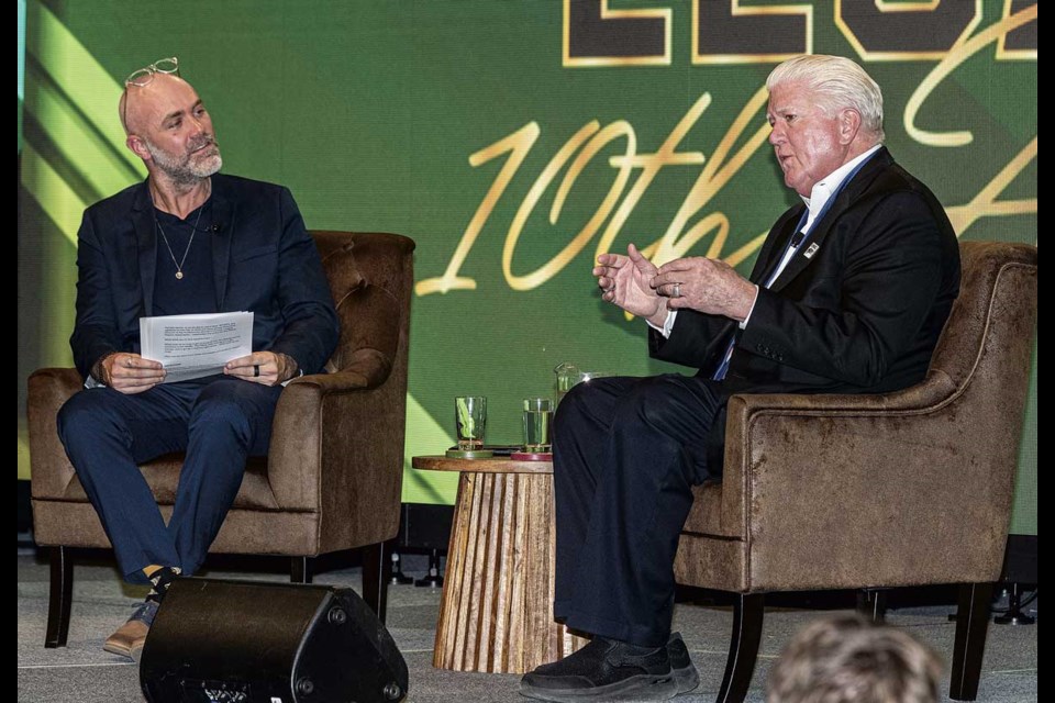 UNBC associate athletic director Rich Abney interviews Brian Burke at the 10th Annual Timberwolves Legacy Dinner at the Civic Centre Thursday.