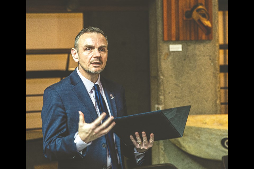 UNBC President Geoff Payne speaks before signing a memorandum of understanding between UNBC and Lheidli T'enneh First Nation on Thursday, March 13, 2025 at the university.