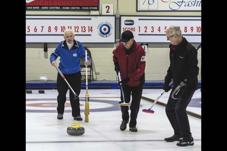 PGG&CC's oldest member, Noel Hopper, 90, makes the ceremonial first throw during the opening ceremonies of the Western Blind Curling Championship Thursday, March 20, 2025 at the Prince George club.