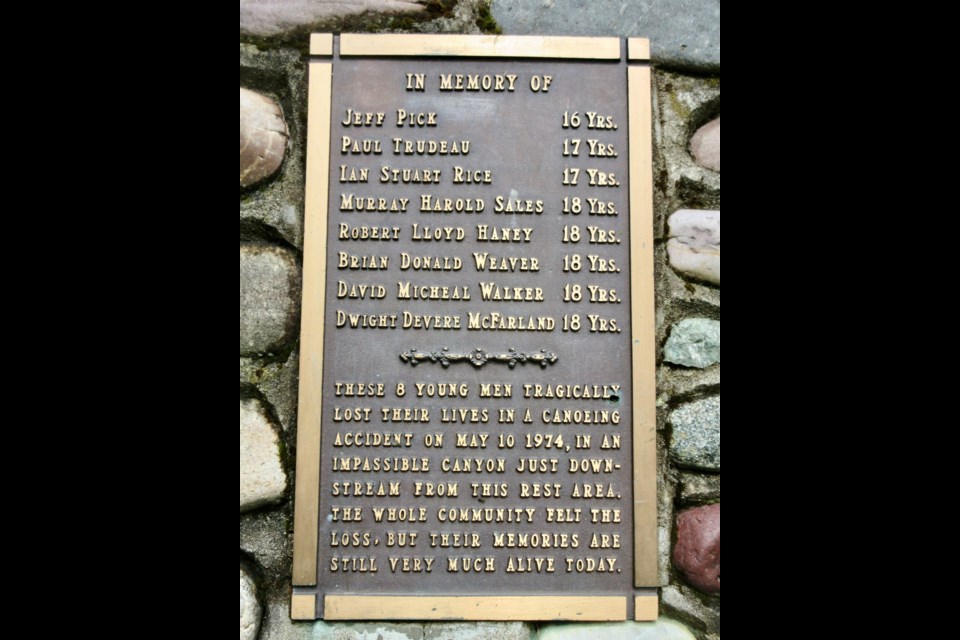 The plaque at the Willow River gives the names of the Willow River 8.                            