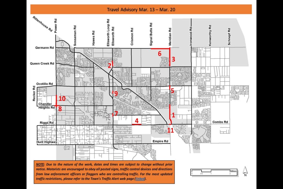 Queen Creek area roadway restrictions for this week.