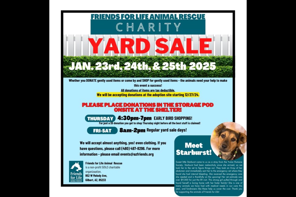 Friends for Life, a nonprofit no-kill animal shelter, is gearing up for its annual charity yard sale, set to take place January 23-25.