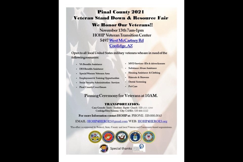 The Ninth Annual Pinal County Veterans Stand Down & Resource Fair is set for Saturday, Nov. 13, 2021.