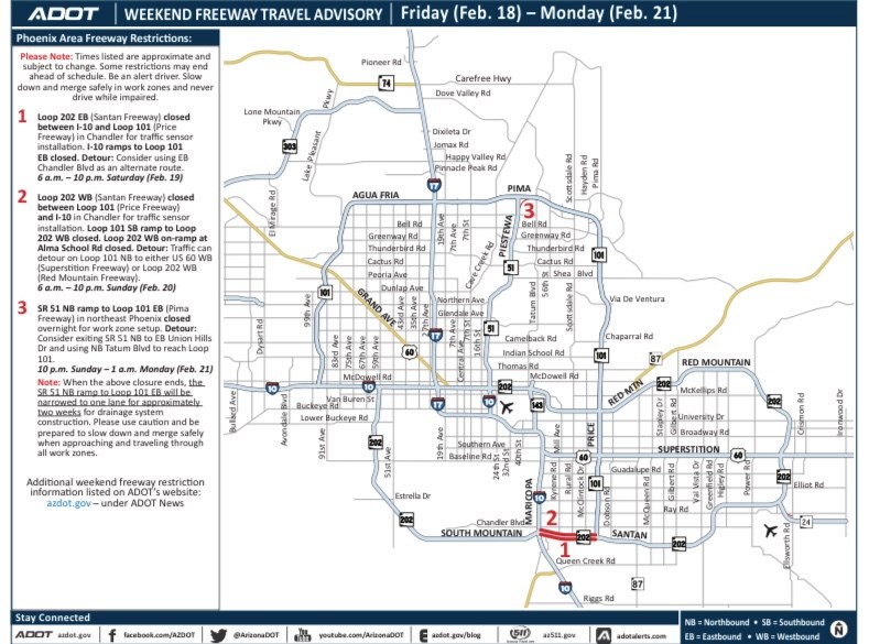 ADOT Weekend detours on Loop 202 in Chandler area other closures