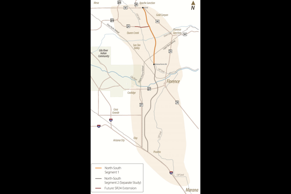 The full North-South Corridor is a proposed 55-mile future transportation route in Pinal County that would stretch from U.S. 60 in Apache Junction to Interstate 10 in Eloy and pass through the Town of Queen Creek, City of Coolidge, Town of Florence and portions of unincorporated Pinal County. The North-South corridor is also proposed to connect with the future extension of State Route 24.