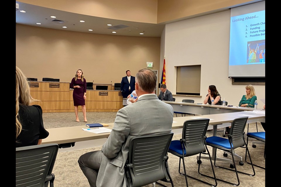 Amber Stouard, chief financial officer for QCUSD, presents at the March 22, 2022 joint meeting between the Queen Creek Unified School District Governing Board and the Queen Creek Town Council.