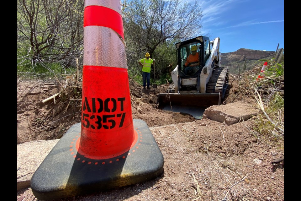 Arizona Department of Transportation crews are removing vegetation, grading the roadway and repairing drainage culverts to prepare for a project that will restore limited access to a stretch of State Route 88 (Apache Trail) that has been closed since severe flooding in 2019.