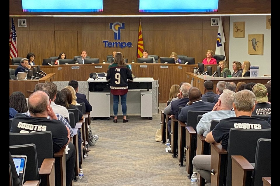 Before voting on June 2, 2022, the Tempe City Council heard presentations from the RFP respondent and Phoenix Sky Harbor International Airport. Councilmembers also heard from more than 250 people through in-person and virtual appearances as well as pre-submitted comment cards. For the first time, councilmembers were able to ask questions of the respondent about the proposed development.