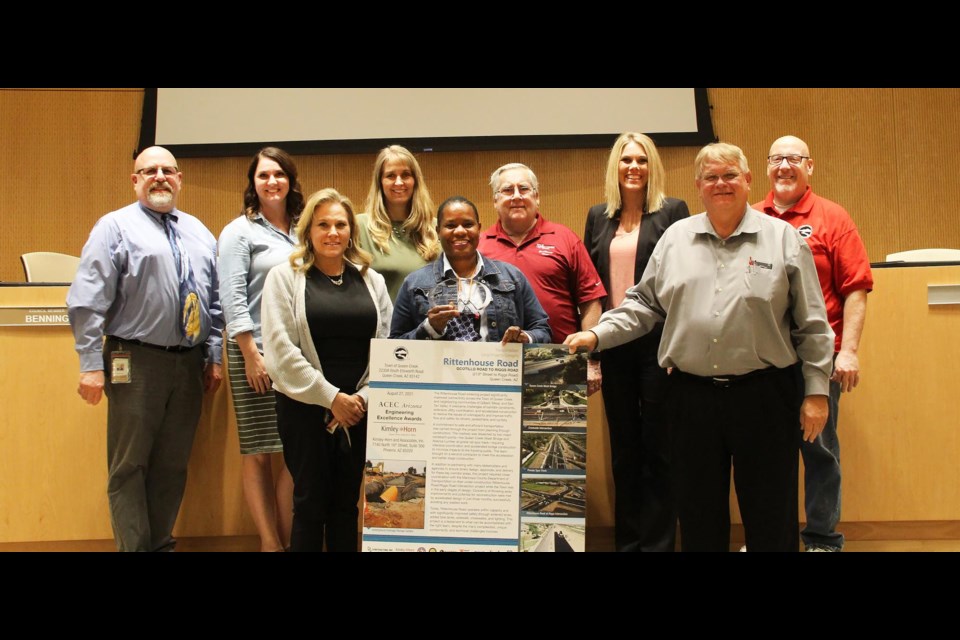 The Town of Queen Creek was recently recognized with an American Council of Engineering Companies, Arizona Chapter, Honor Award for the Rittenhouse Road Project from Ocotillo to Riggs roads. 