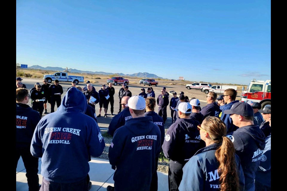 The Queen Creek Fire and Medical Department joined other East Valley public safety agencies on Feb. 22, 2022 to conduct a triennial exercise event that included a simulated fire burn of an aircraft, volunteers representing injured passengers and a full public safety emergency response. 