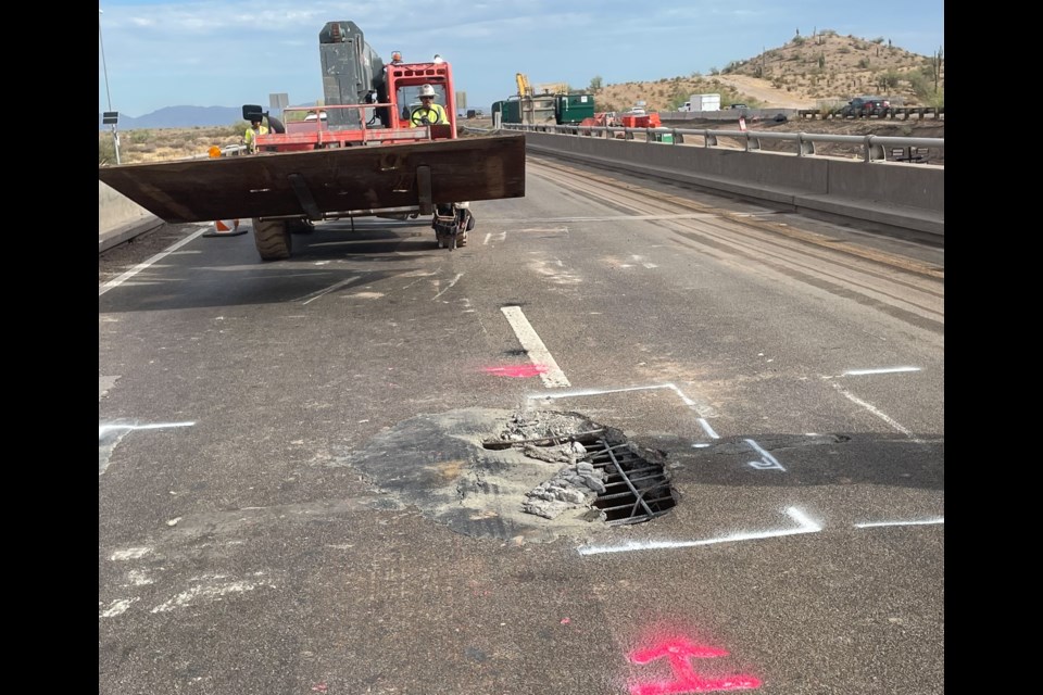 Early June 25, 2024, eastbound lanes were closed when law enforcement reported that an area of the eastbound Interstate 10 Gila River Bridge's concrete deck had worn through to the underlying rebar.