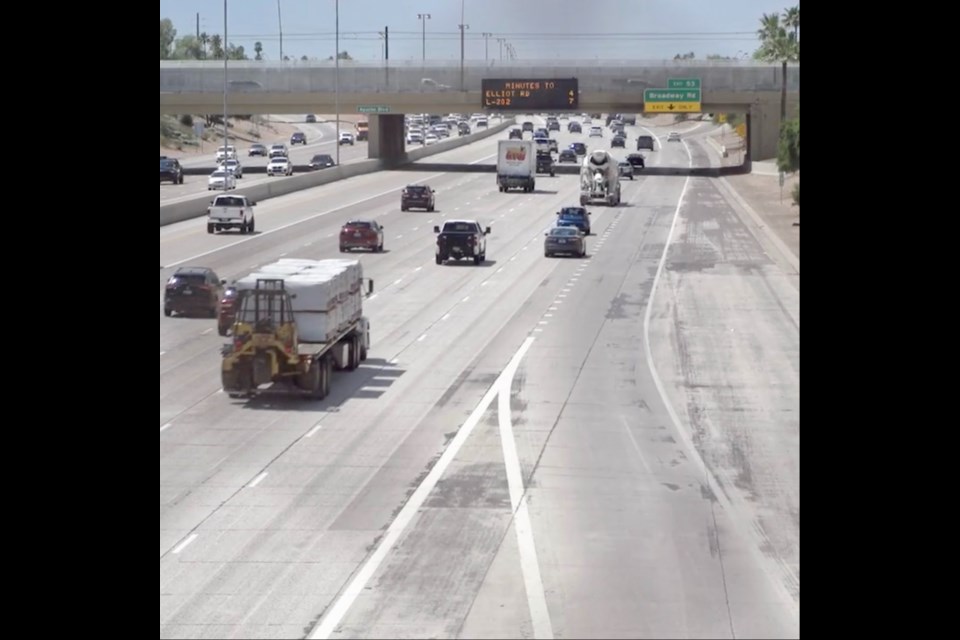 Arizona Department of Transportation crews have adjusted lane stripes to extend right lanes and promote safer merging conditions along Loop 101 (Price Freeway) near US 60 (Superstition Freeway) in the East Valley, specifically in the Tempe area. They've made similar lane striping adjustments resulting in safety and traffic flow improvements at other freeway locations in the Phoenix area.