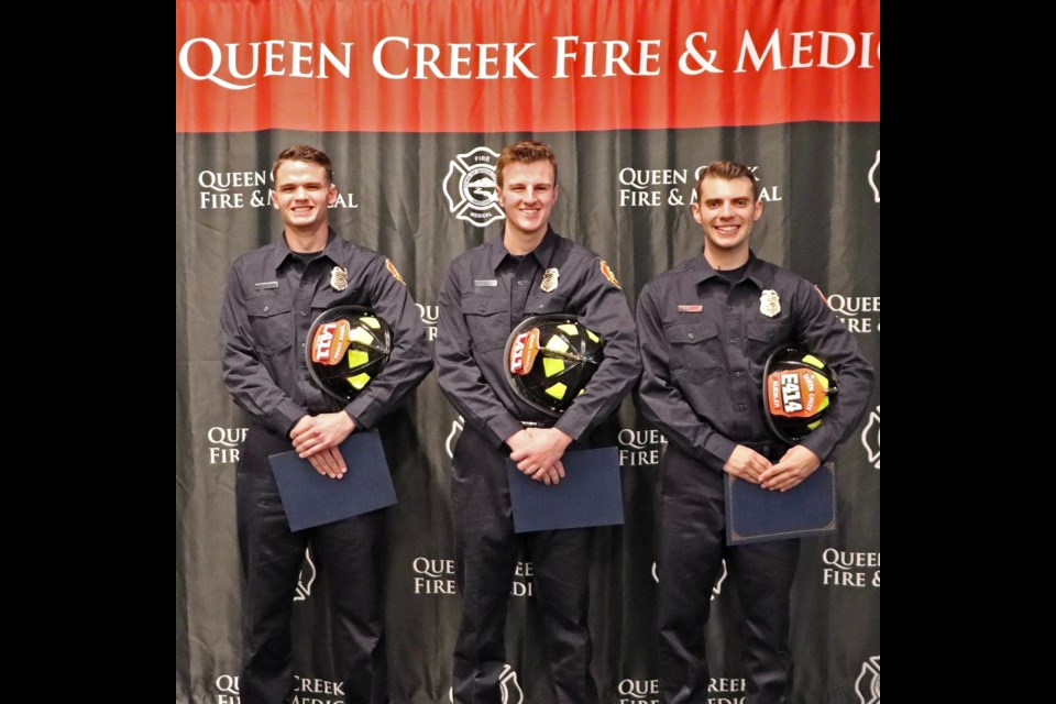 The Queen Creek Fire and Medical Department welcomes three new firefighters: Christian Bajc, Logan Jacobsen and Erik Kuebler.