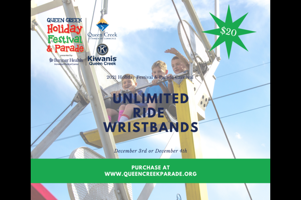 Queen Creek Holiday Festival and Parade pre-sale unlimited wristbands are now on sale.