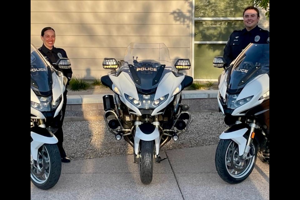 The Queen Creek Police Department recently welcomed two new motor school graduates, Officer J. Stalter and Officer J. Cota.