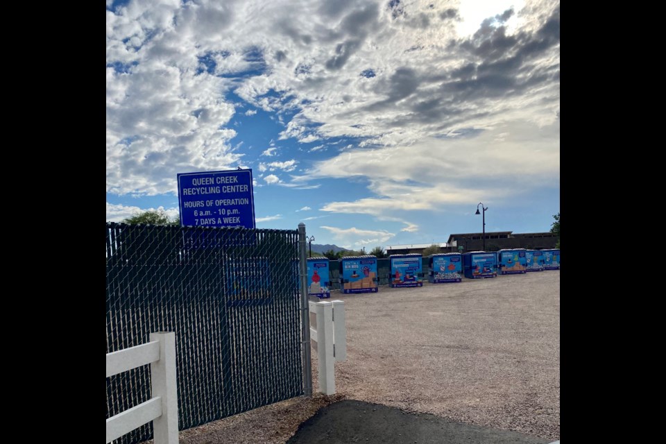 The Queen Creek Recycle Center is located at Crewse Lane and Ellsworth Road in the Town Center. It's open seven days a week from 6 a.m. to 10 p.m.