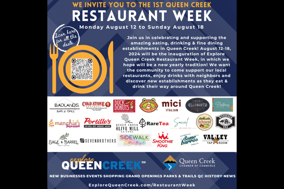 Don’t miss out on the opportunity to eat well, discover new favorites and contribute to the vitality of the local economy by checking out the inaugural Queen Creek Restaurant Week Aug. 12–18, 2024, hosted by the Queen Creek Chamber of Commerce.