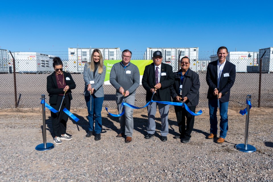 The Saint Energy Storage II unveiling. From left are Julie Holmes, vice president of business management at NextEra; Stephanie Rush, senior project manager at NextEra; Bobby Olsen, chief planning, strategy and sustainability executive at SRP; Jon Thompson, mayor of Coolidge; Gilbert Lopez, director of economic development at the City of Coolidge; and J, director of development at NextEra Energy Resources.