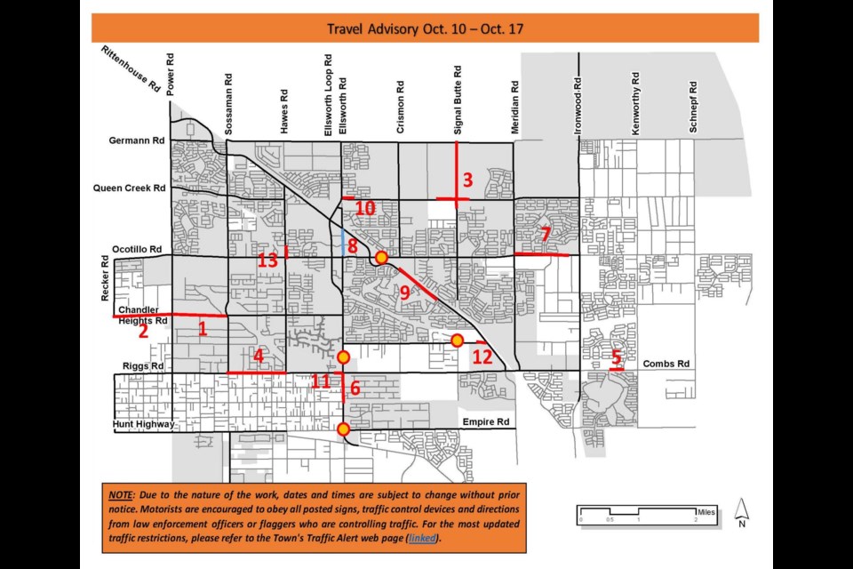 Queen Creek area roadway restrictions for the week of Oct. 10-17, 2021.