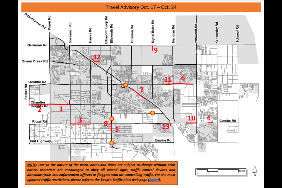 Queen Creek area roadway restrictions this week.