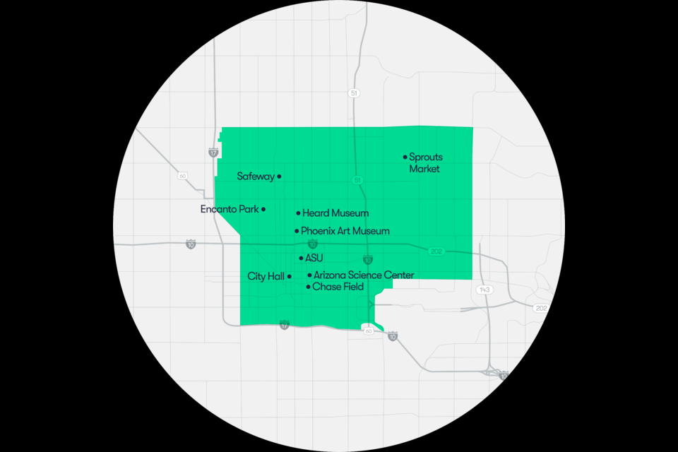 Waymo's map of the service area. They will start in a smaller area and expand into this over time, according to a Waymo spokesperson in Phoenix.