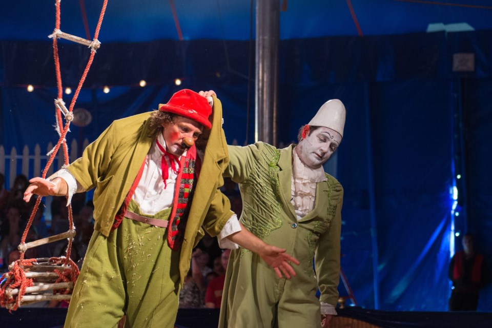 Liberta Zoppe welcomes guests into an intimate, 500-seat tent for a show that stars Nino the Clown and a circus that is propelled by a central story (as opposed to individual acts) that features acrobatic feats, equestrian showmanship, canine capers, clowning and plenty of audience participation.