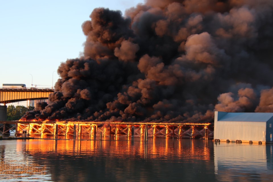 The train trestle on the Fraser River burned on Thursday night. The fire appears to have started on a loading bay.