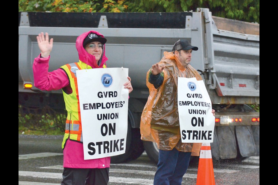 GVRD employees at the North Shore Wastewater Treatment Plant set up a picket line over contract negotiations on Monday, Oct 16.