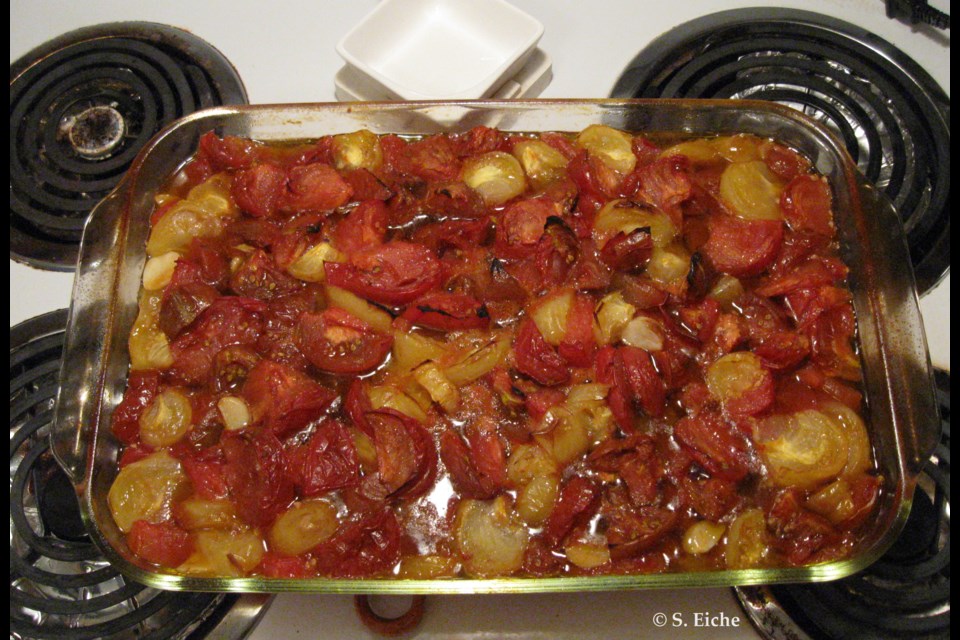 Roasted tomatoes just pulled from the oven. 