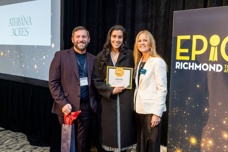 Excellence award for Athiana Acres. Left to right: Daniel Garfinkel, Simran Panatch and Tourism Richmond CEO Nancy Small