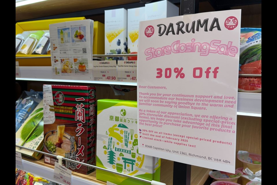 Japanese convenience store Daruma is closing its two Richmond locations at the end of February 2025. 