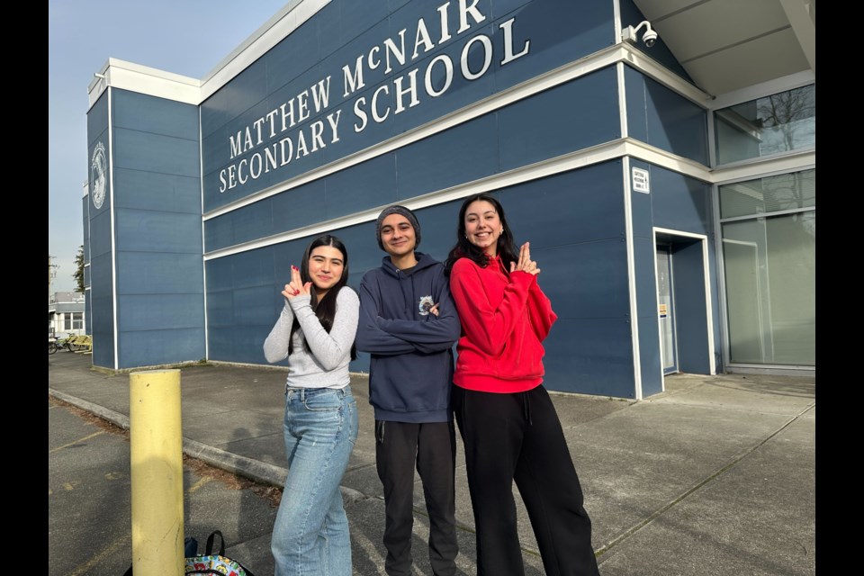 From left to right: McNair students Emily Zeinab, Ali Safdari and Erin Bhandal successfully helped push for AEDs and nasal naloxone kits in Richmond schools and district facilities.