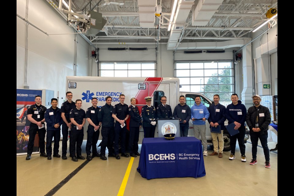 BC Emergency Health Services in Richmond presented the Vital Link awards to four people for saving Stephen Ang's life.
From right to left: Stephen Ang, Landon Dy, Peter Thackwray, Lloyd Dy and Aaron Manalo.