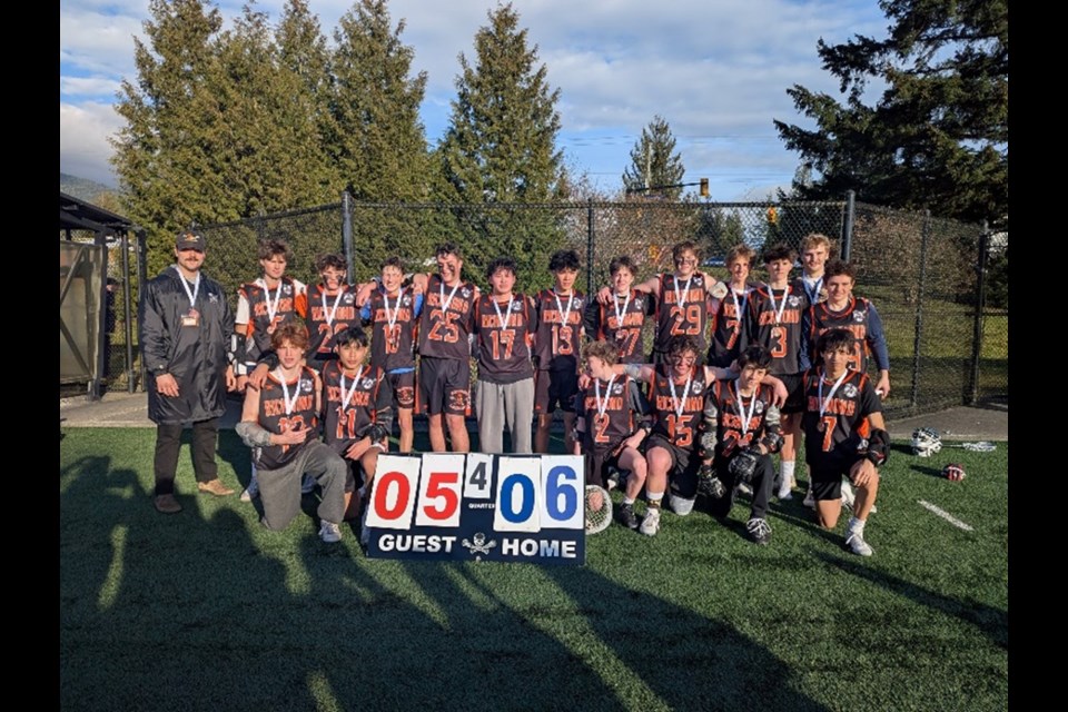 Team photo of the Richmond field lacrosse boys team at the 2025 BC Field Lacrosse Championships.
Top row from left to right: Ben Spare, Ryder Jensen, Iain Paterson, Jack Wallace, Grady Bourne, Caleb Jang, Griffin Pope, Malcolm Gillanders, Owen Carnahan, Carter West, Luke Jensen, Jake Spare (back), Jayson McGinley.
Bottom row left to right: Blake Herd, Duke De Guzman, Evan Light, Hudson Sargeant, Justin Uyesugi, Kaden Ng