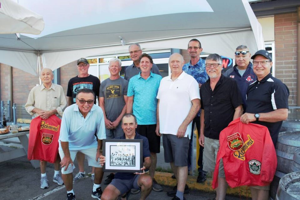 From left to right: (Top row) Gary Zecchel, Rick Fellardeau, Warren Oikawa; (middle row) Frank Kika (coach), Bill Haddow, Mark Rempel, Will Cardwell, Gord Friesen, Ron Millos, Randy Sansregret; (bottom row) Greg Baydala, John Alfano. Missing from the photo are Jeff Jordan, Ranj Deol and coach Matt Graham, as well as deceased members including head coach Jim Fellardeau, Pete Zazzara and Tom Climick. 