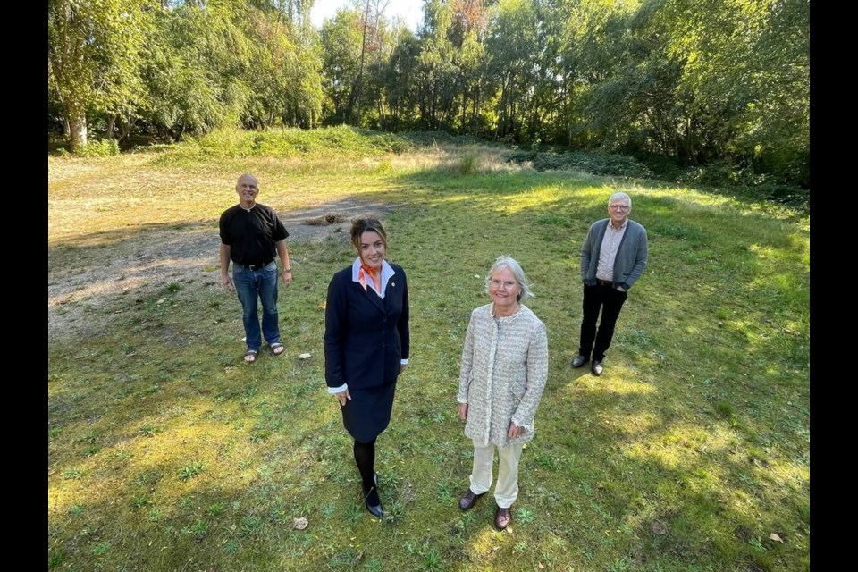 A 42-foot labyrinth is planned in the backyard of Our Saviour Lutheran Church in Richmond. From left to right: Christoph Reiner, pastor at Our Saviour Lutheran Church; Erin MacPherson, manager at Richmond Funeral Home; Eva Harris, member of Our Saviour Lutheran Church; and Mark Hensman, chaplain of Richmond Hospice 